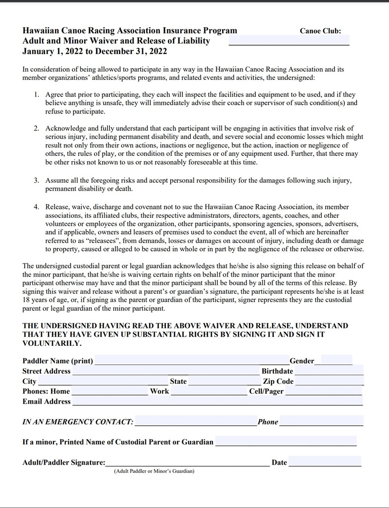 Waiver Form Puna Canoe Club Waiver Form Puna Canoe Club